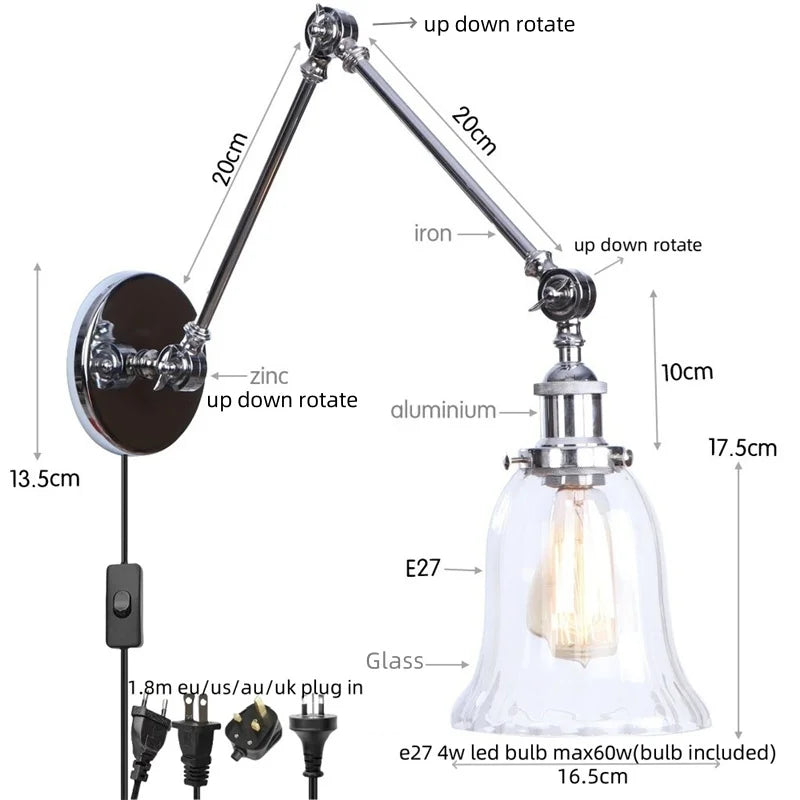 Afralia™ Chrome Industrial LED Wall Sconce Swing Arm Clear Glass Light
