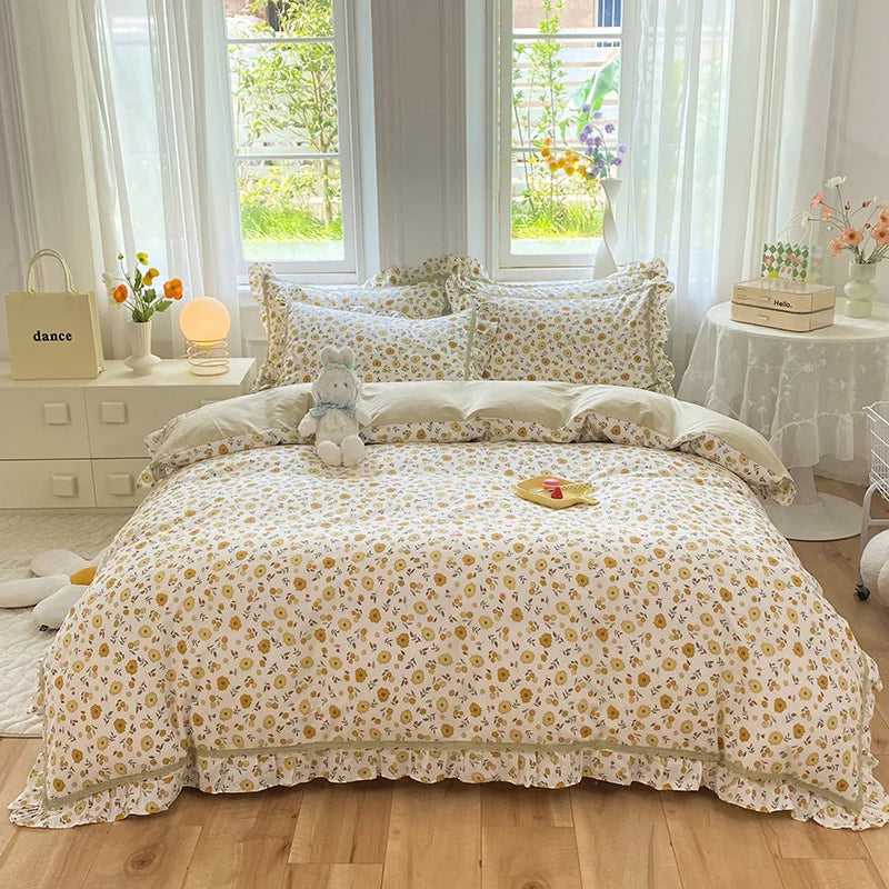 Afralia™ Princess Floral Cotton Bedding Set with Ruffled Edge