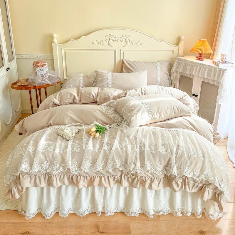 Afralia™ French Princess Lace Ruffles Bedding Set, 100% Cotton, Pink Romantic Theme