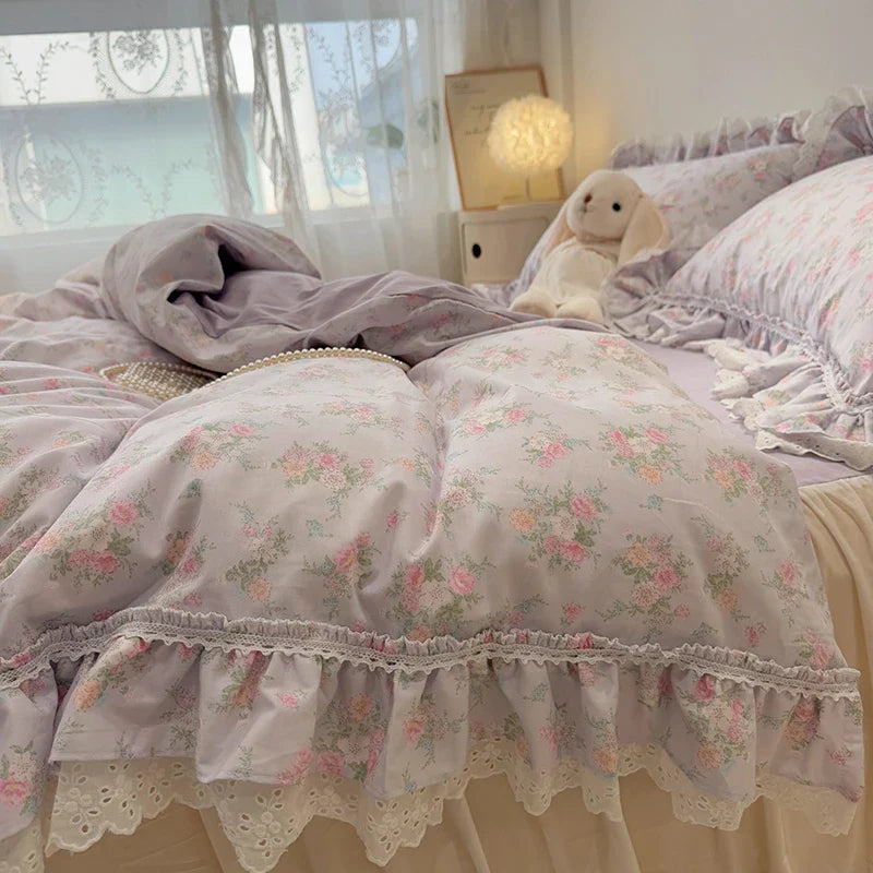 Afralia™ Princess Style Lace Ruffles Bedding Set - 100% Cotton, 3/4Pcs, Korean Design