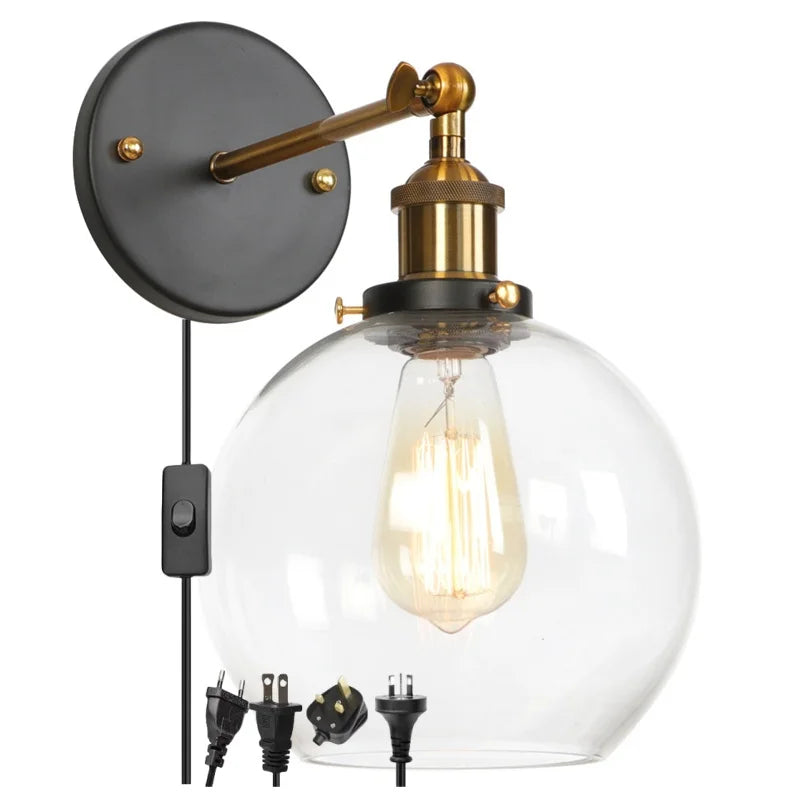 Afralia™ Vintage Globe Glass LED Wall Lamp for Living Room Porch Industrial Bedside