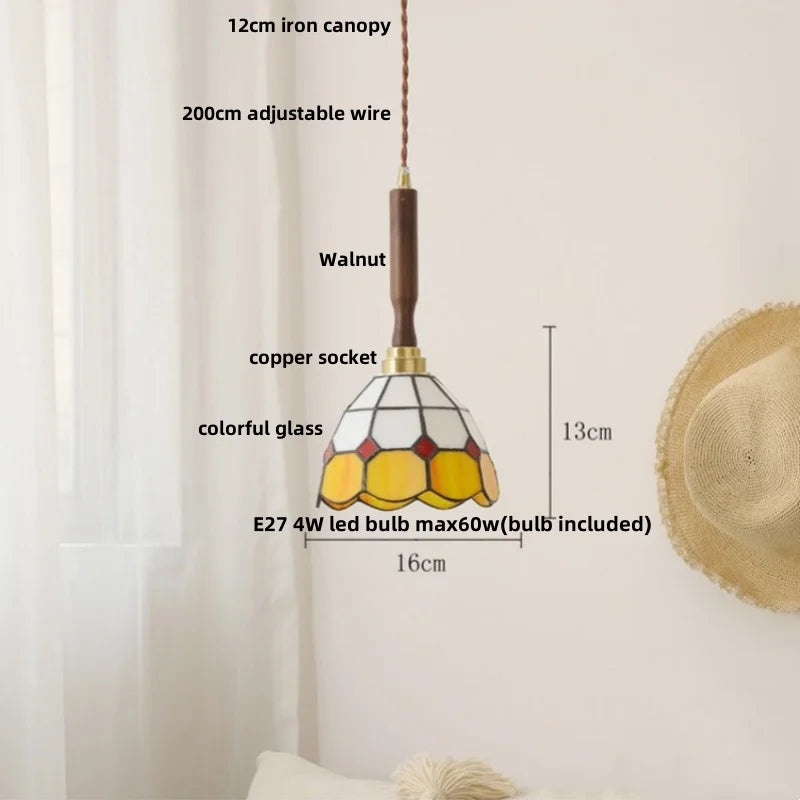 Afralia™ Tiffany Glass LED Pendant Light with Walnut Copper Knob Switch