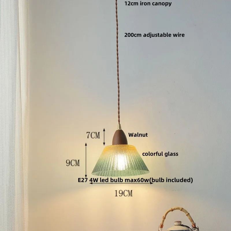 Afralia™ Walnut Wood LED Pendant Lamp Green Glass Modern Interior Hanging Light