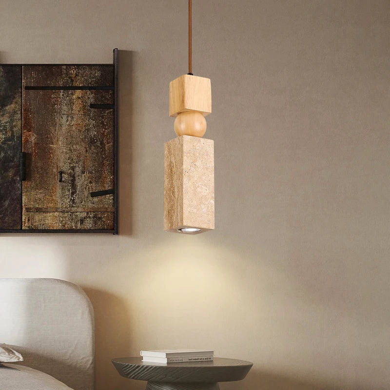Afralia™ Cuboid Stone LED Pendant Lights Wood Yellow Travertine Interior Lighting Hanging Lamp