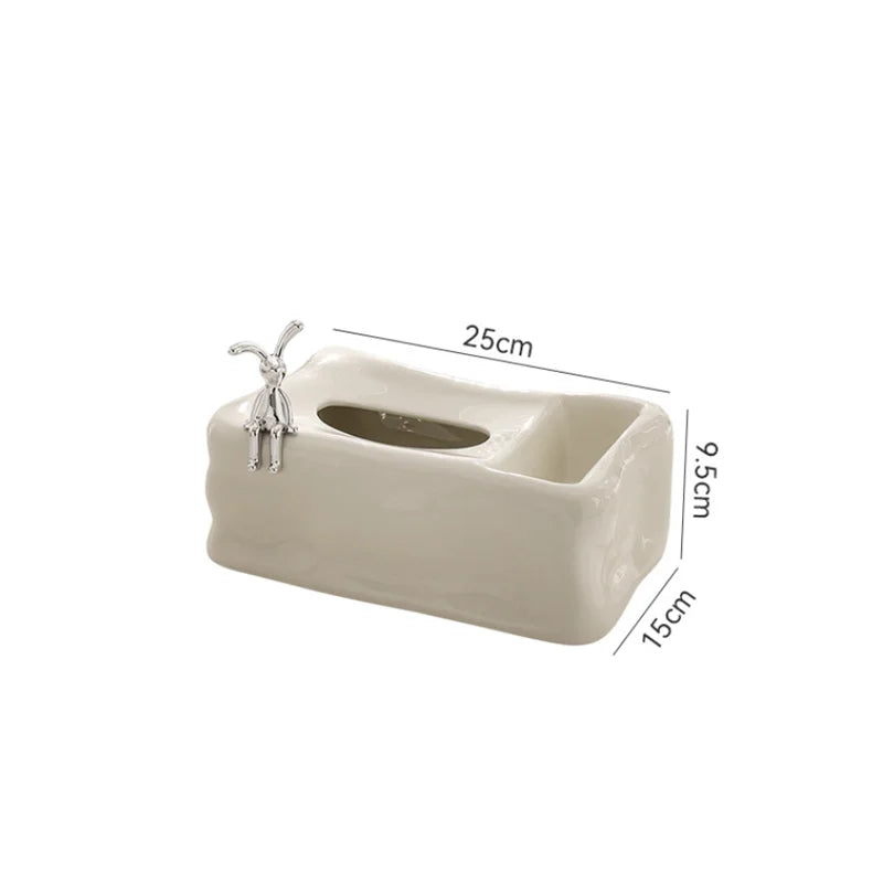 Afralia™ Silver Ceramic Tissue Box & Rabbit Napkin Holder - Home Desktop Storage