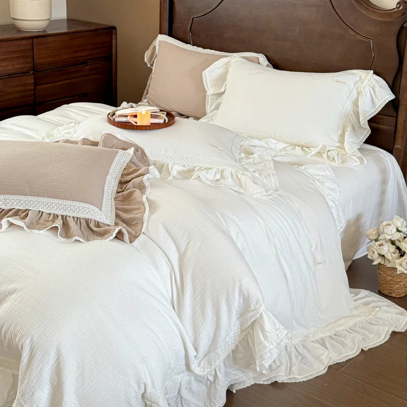 Afralia™ Double Layer Crinkle Yarn French Vintage Princess Ruffles Bedding Set