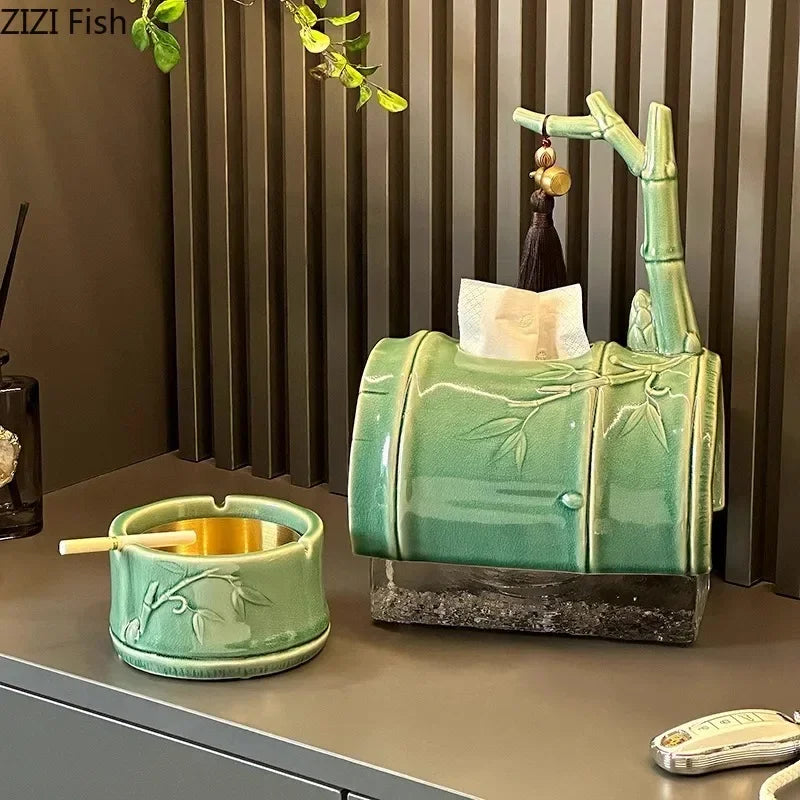 Afralia™ Bamboo Tissue Box: Ceramic Green Bamboo Design for Coffee Table & Desk Decor