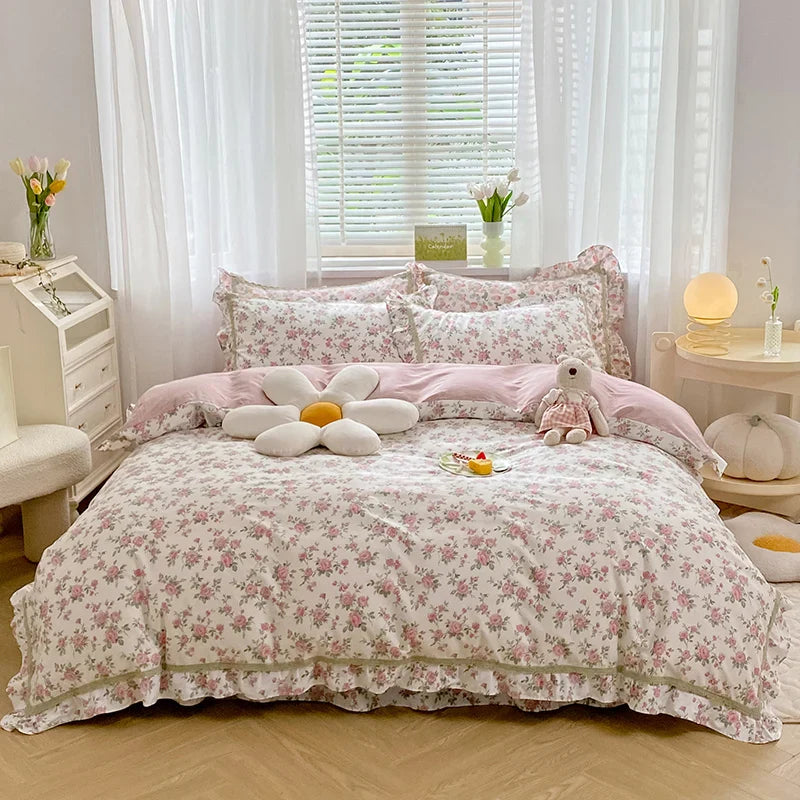 Afralia™ Princess Floral Cotton Bedding Set with Ruffled Edge