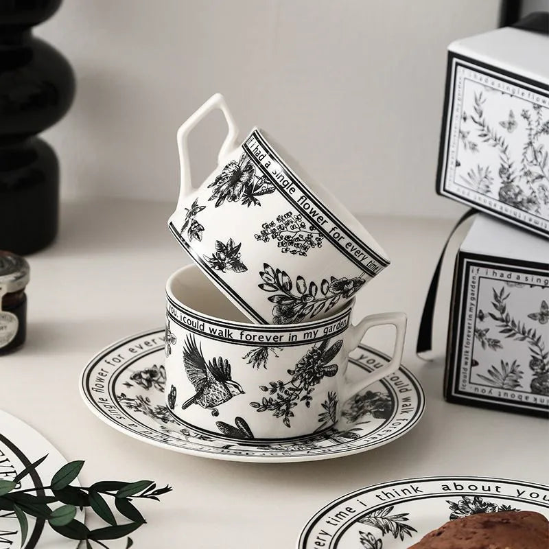 Afralia™ Black Bird Ceramic Coffee Cup and Saucer Set for English Afternoon Tea and Coffee