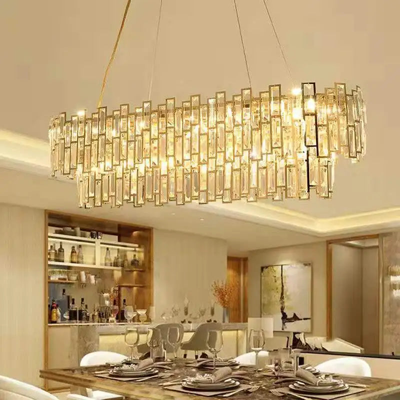 Afralia™ Gold Steel Crystal Pendant Chandelier - Luxury LED Dining Room Hanging Lamp