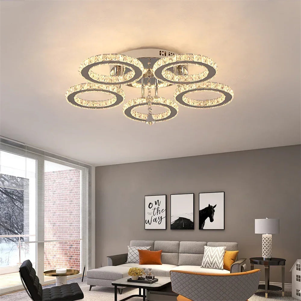 Afralia™ Rings Crystal Chandelier - Dimmable Ceiling Light Fixture for Bedroom & Living Room