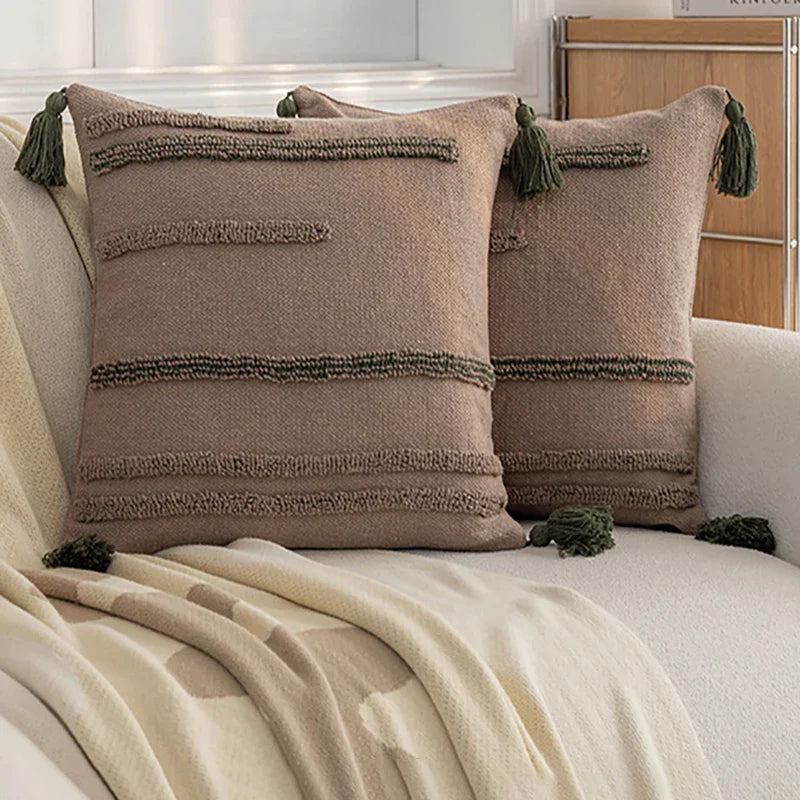 Afralia™ Green Coffee Geometric Tuft Tassel Cushion Cover - Modern Minimalist Embroidered Pillowcase