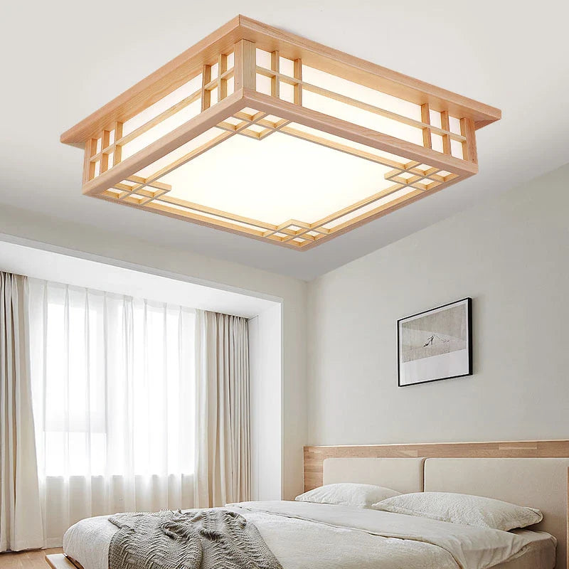 Afralia™ Solid Wood Ceiling Chandelier Light for Home Decor, LED Square Lamp for Living Room