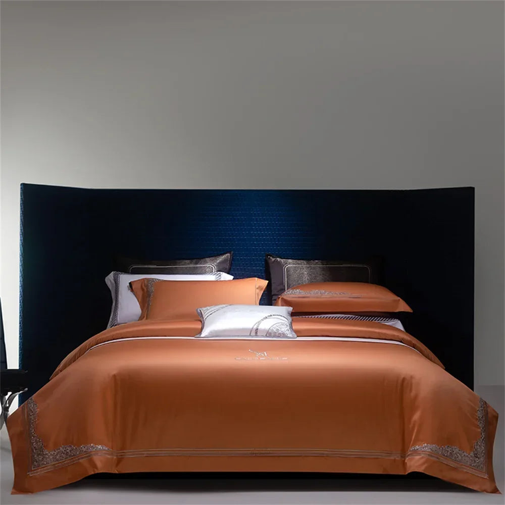 Afralia™ Satin Jacquard Embroidery Bedding Set King Queen with Egyptian Cotton - 4 Piece