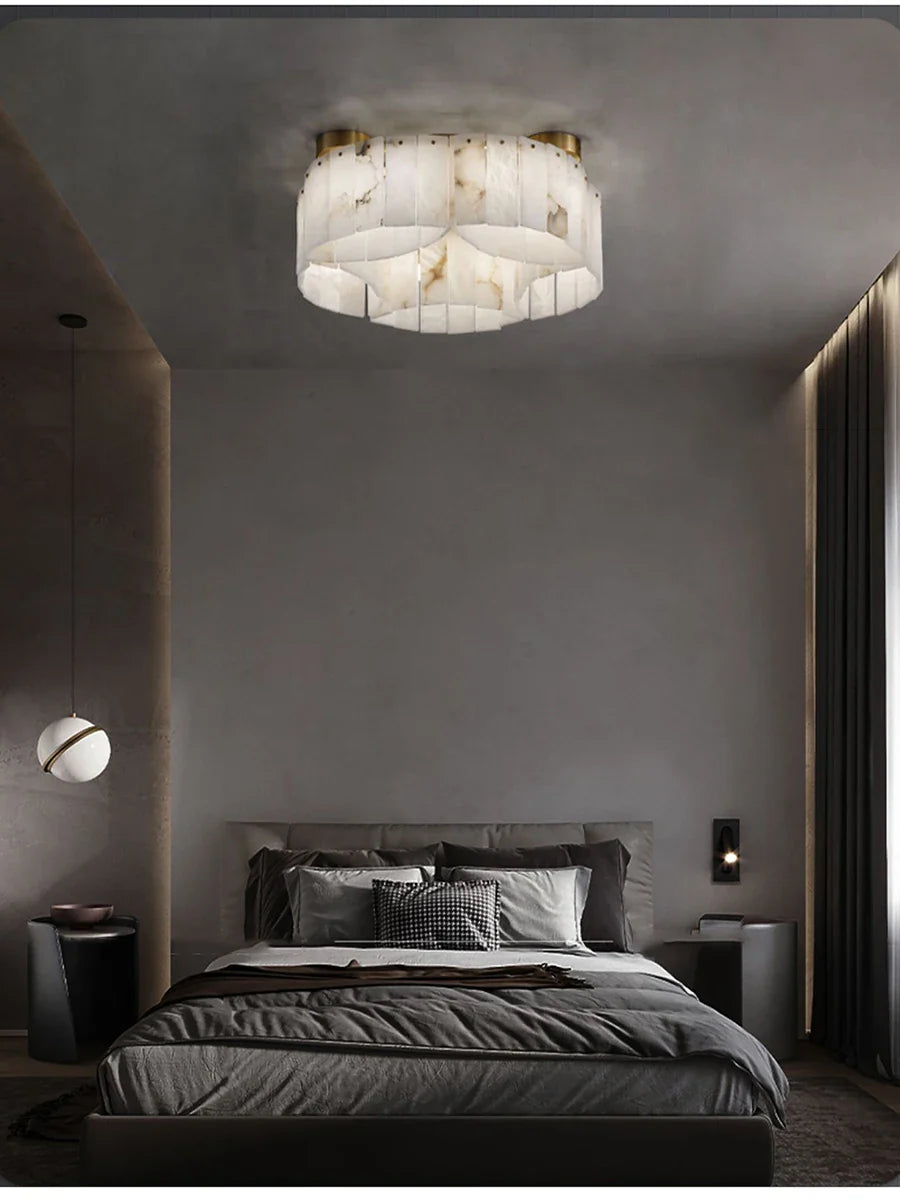Afralia™ Round Dolomite Block Chandelier Light, Luxury Matte Gold Ceiling Fixture