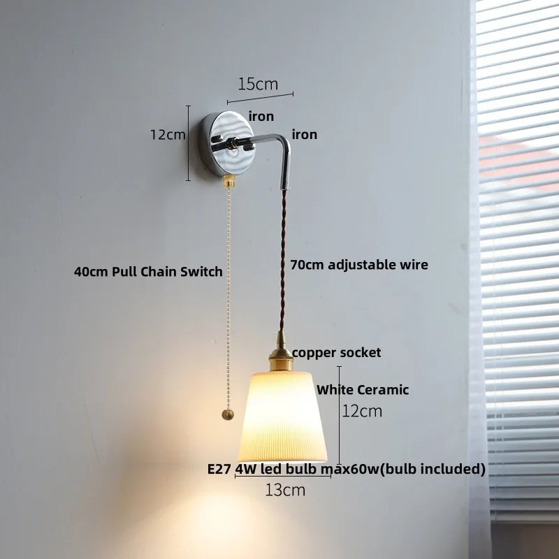 Afralia™ White Glass LED Wall Lights with Pull Chain Switch for Modern Decor