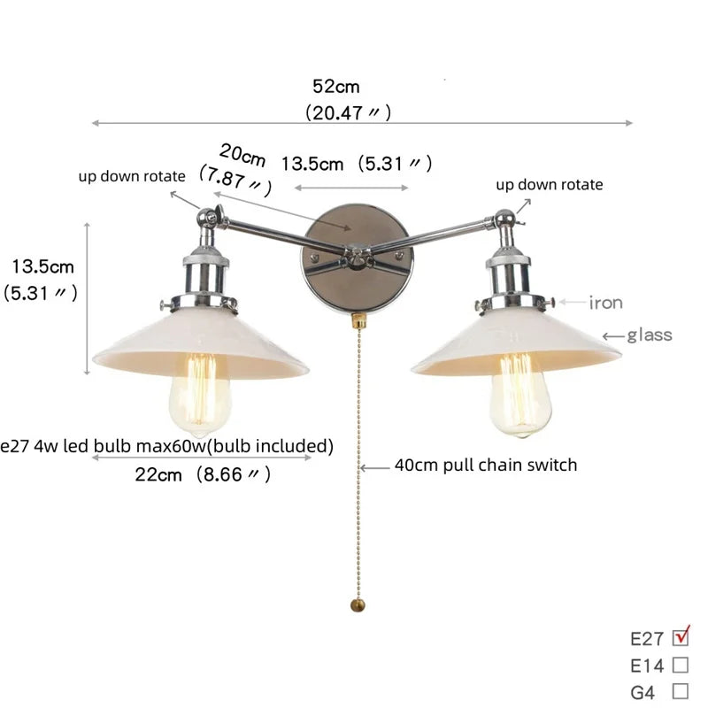Afralia™ Industrial LED Wall Light Fixture with Pull Chain Switch, 2 Heads Bedside Lamp