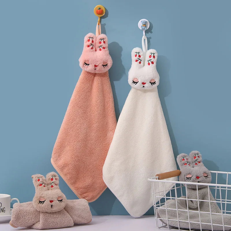 Afralia™ Cartoon Rabbit Coral Velvet Hand Towel - Quick Dry Kitchen Bathroom Cleaning Towel