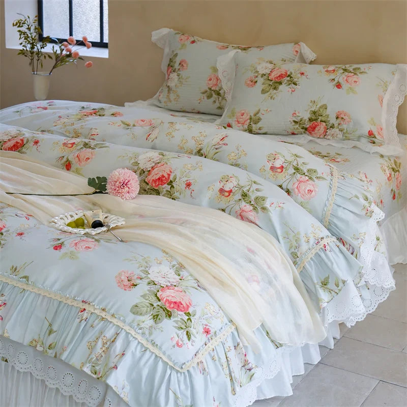 Afralia™ Pure Cotton Floral Quilted Bedding Set with Lace Ruffles