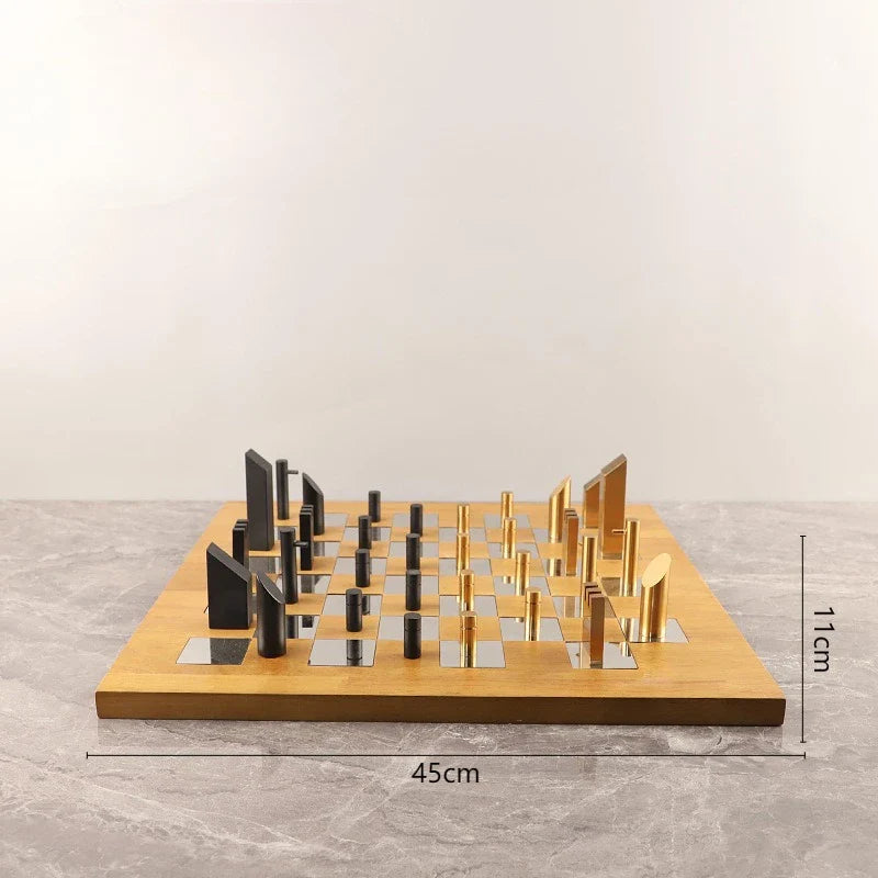 "Afralia™ Geometric Block Chess Set - Wooden Metal Chessboard Home Decor"