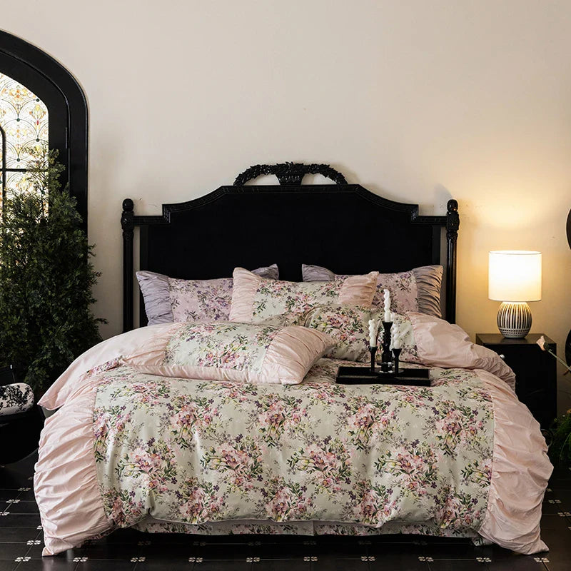 Afralia™ Vintage Rose Print Ruffles Bedding Set: 800TC Egyptian Cotton, Duvet Cover, Sheet, Pillowcases