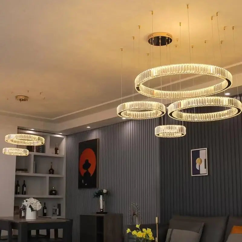 Afralia™ Luxury Gold Steel Crystal Chandelier Pendant Lights - Remote Control Dimmable Fixture