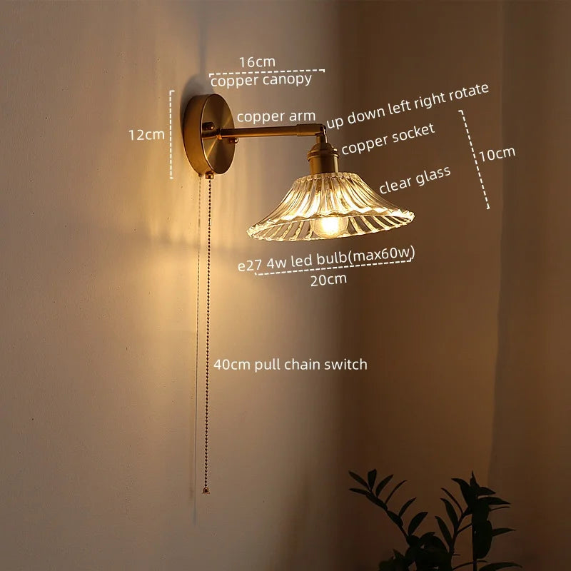 Afralia™ Glass Sconce LED Wall Lamp, Copper Nordic Bedroom Light Fixtures