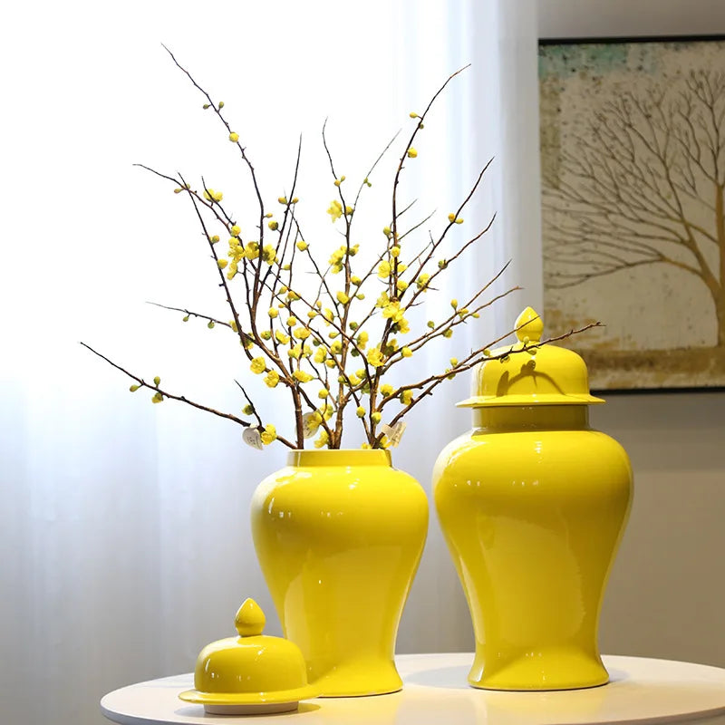 Afralia™ Yellow Ceramic Ginger Jar Vase: Chinese Decor for Home Decoration & Storage