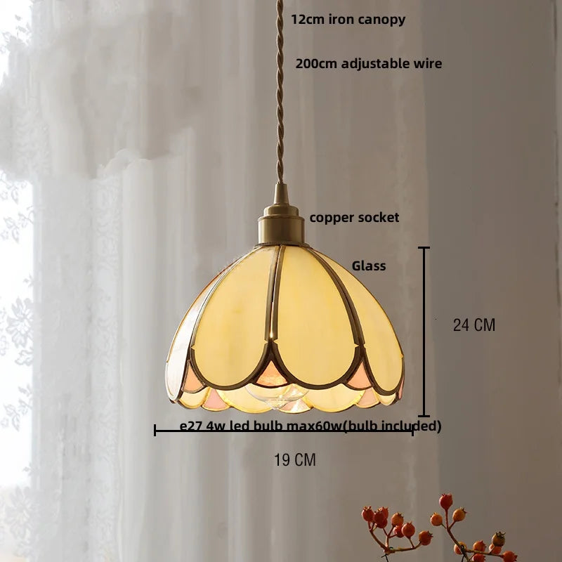 Afralia™ Tiffany Glass LED Pendant Lamp with Walnut Knob Switch