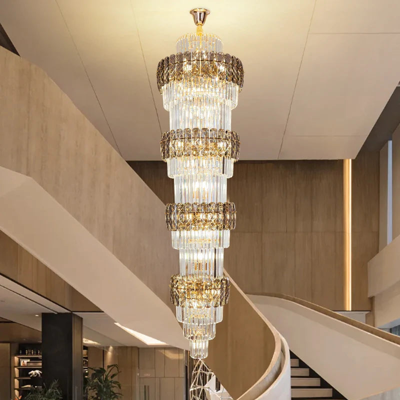 Afralia™ Elegant Crystal Hollow Long Chandelier for Duplex Living Room and Stairwell