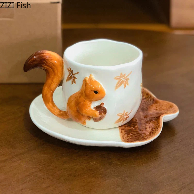 Afralia™ Porcelain Maple Leaf Cup & Saucer Set - Squirrel Design