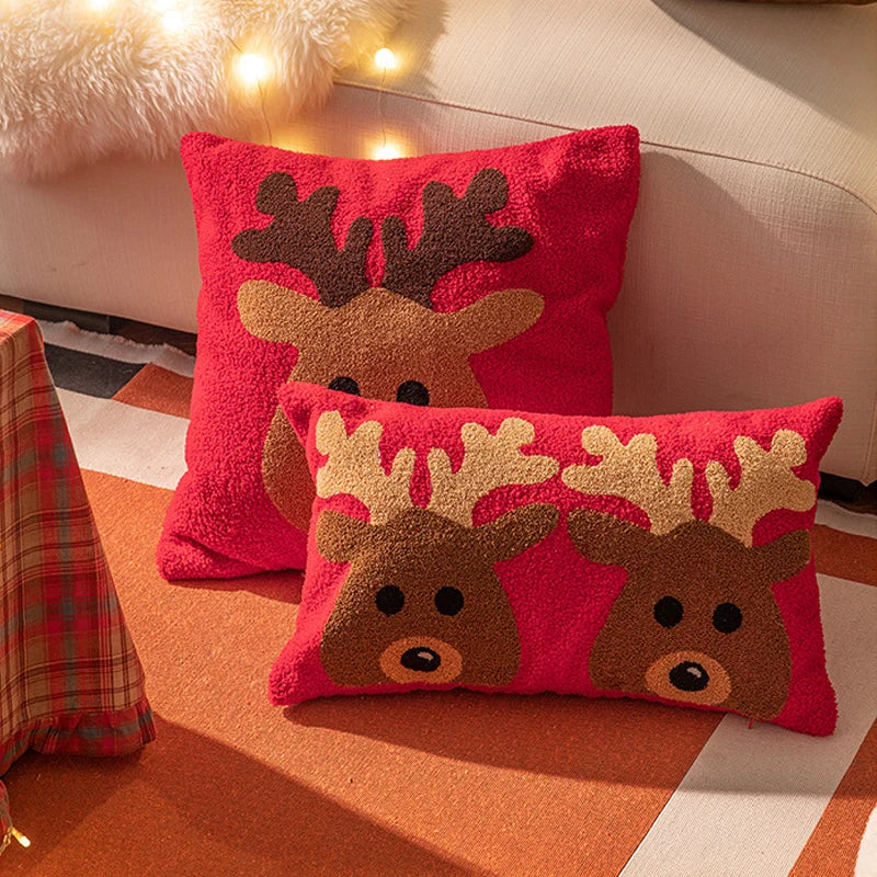 Christmas Reindeer Red Pillowcase Embroidery Cushion Cover by Afralia™ - Soft 30x50cm