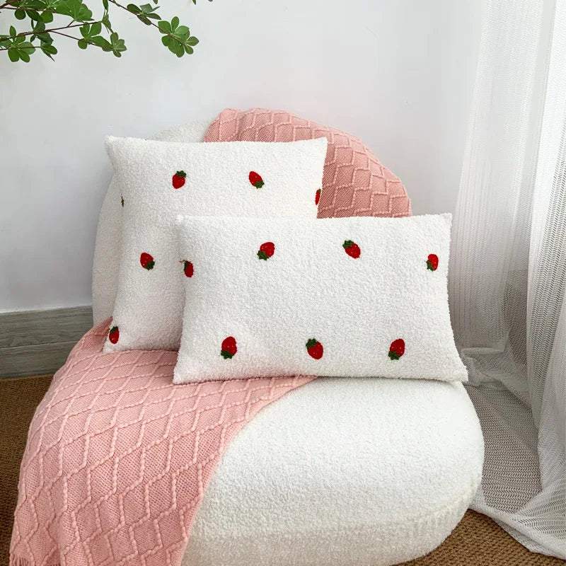 Afralia™ White Plush Fruit Embroidered Cushions - Cherry Daisy Bear Covers - 45*45CM