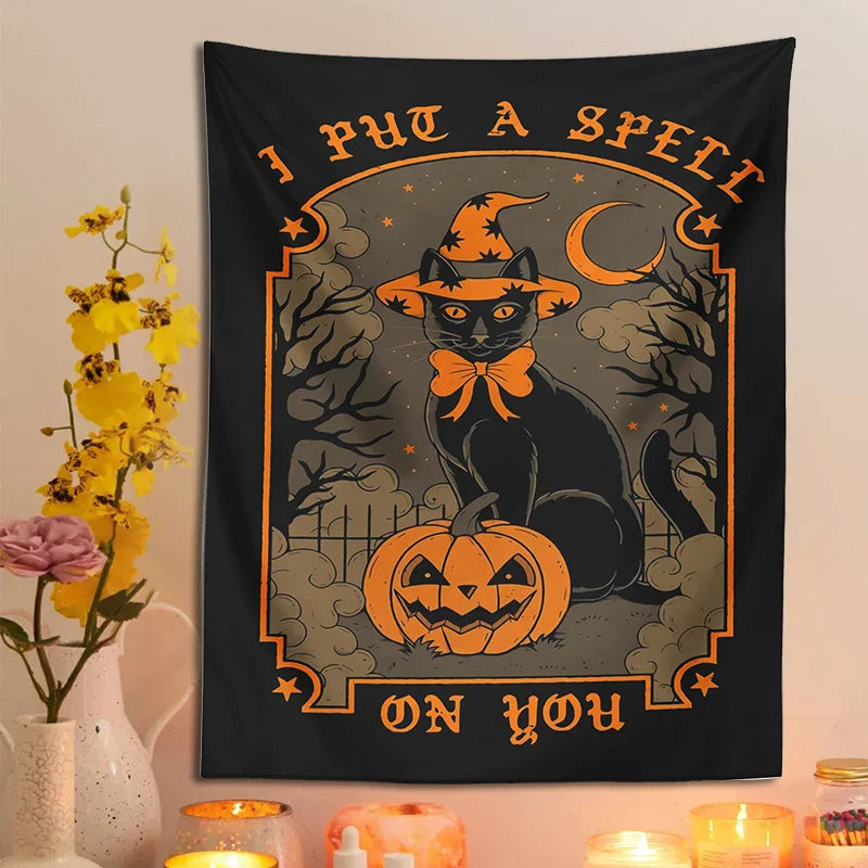 Afralia™ Halloween Cat Tapestry Wall Hanging for Sweet & Spooky Home Decor