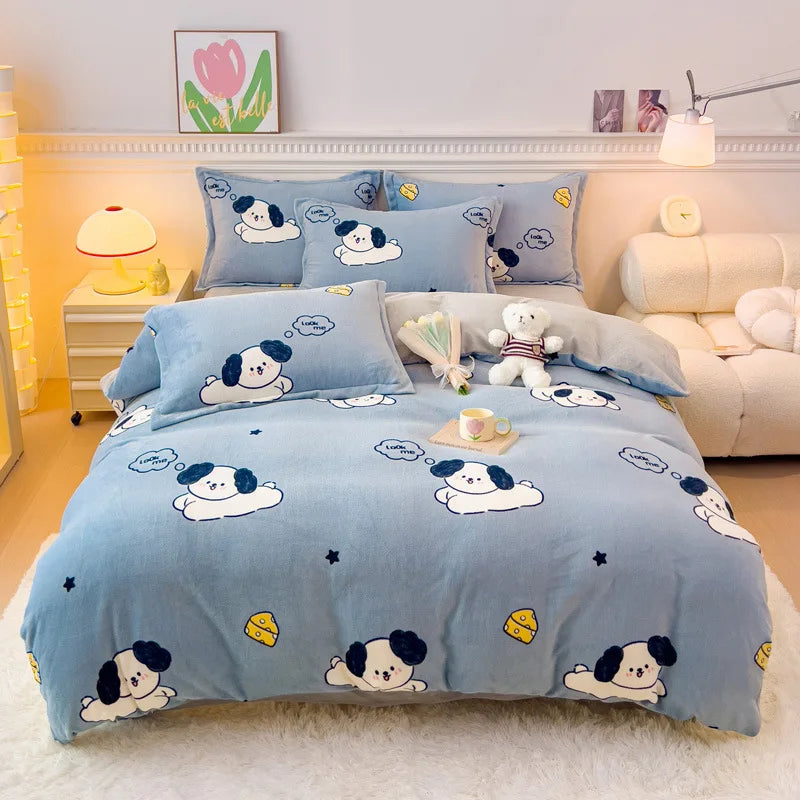 Afralia™ Winter Cartoon Crystal Velvet Bedding Set - Queen Size Warm Duvet Cover
