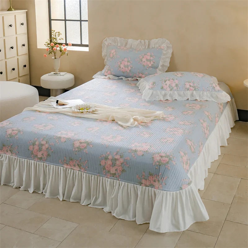 Afralia™ Cotton Floral Ruffles Quilted Bedspread Set with Pillowcases