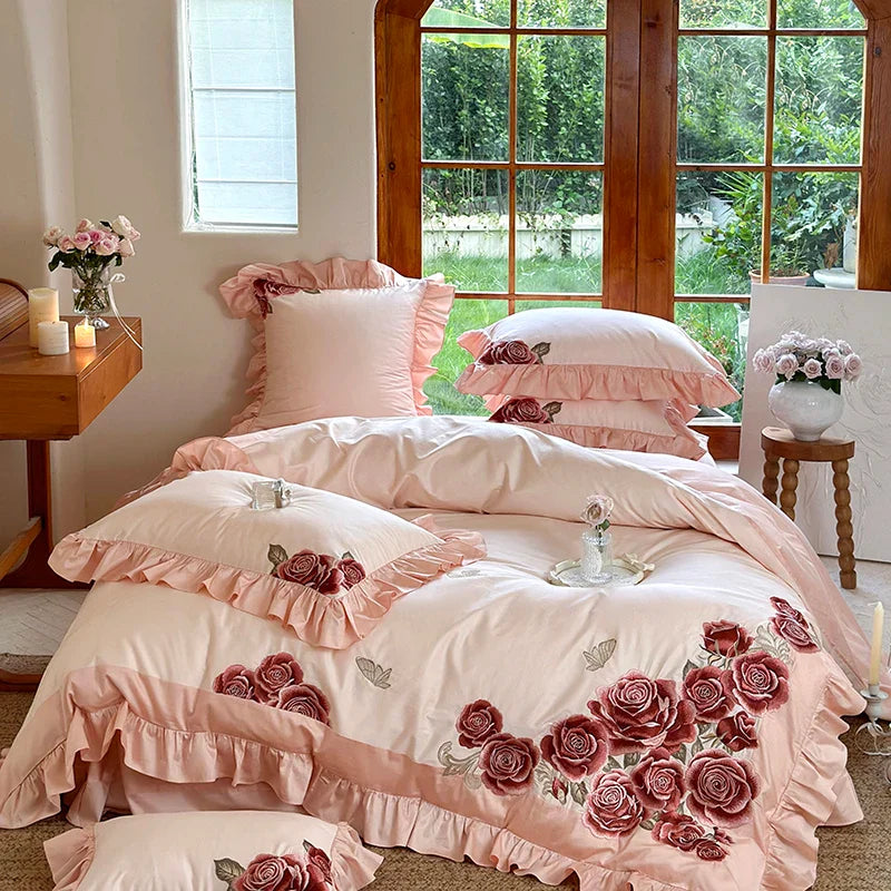 Afralia™ Butterfly Flowers Embroidery Ruffles Wedding Bedding Set: 1400TC 100% Egyptian Cotton