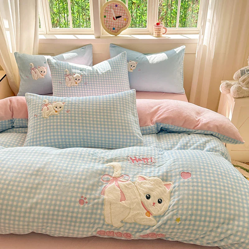 Afralia™ Pink Cat Embroidery Child Bedding Set, Single - King Sizes