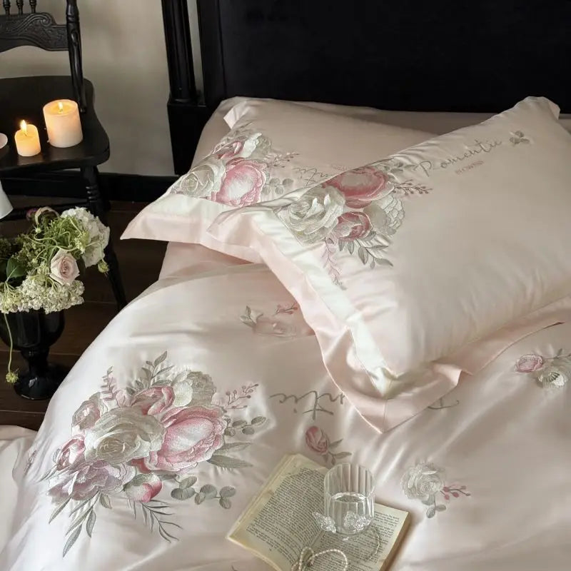 Afralia™ 4-Pc Flowers Embroidery Bedding Set 1000TC Egyptian Cotton Duvet Cover Sheets