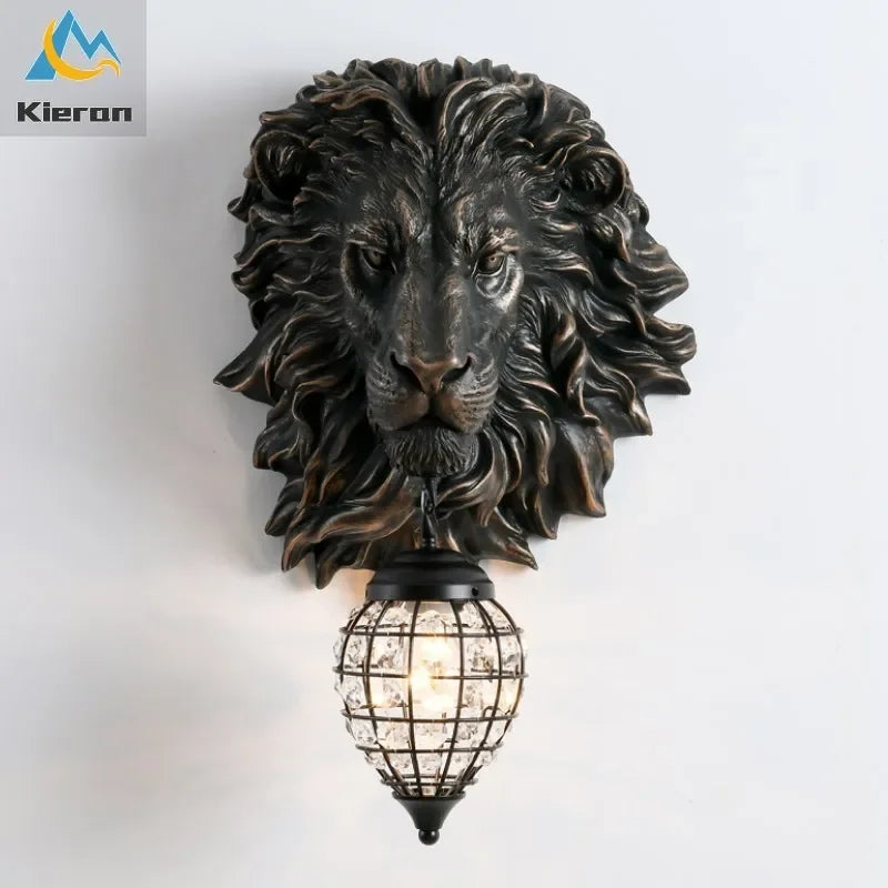 Afralia™ Lion Head Crystal Led Wall Lamp for Bedroom, Ktv, Living Room, Resin Wall Light