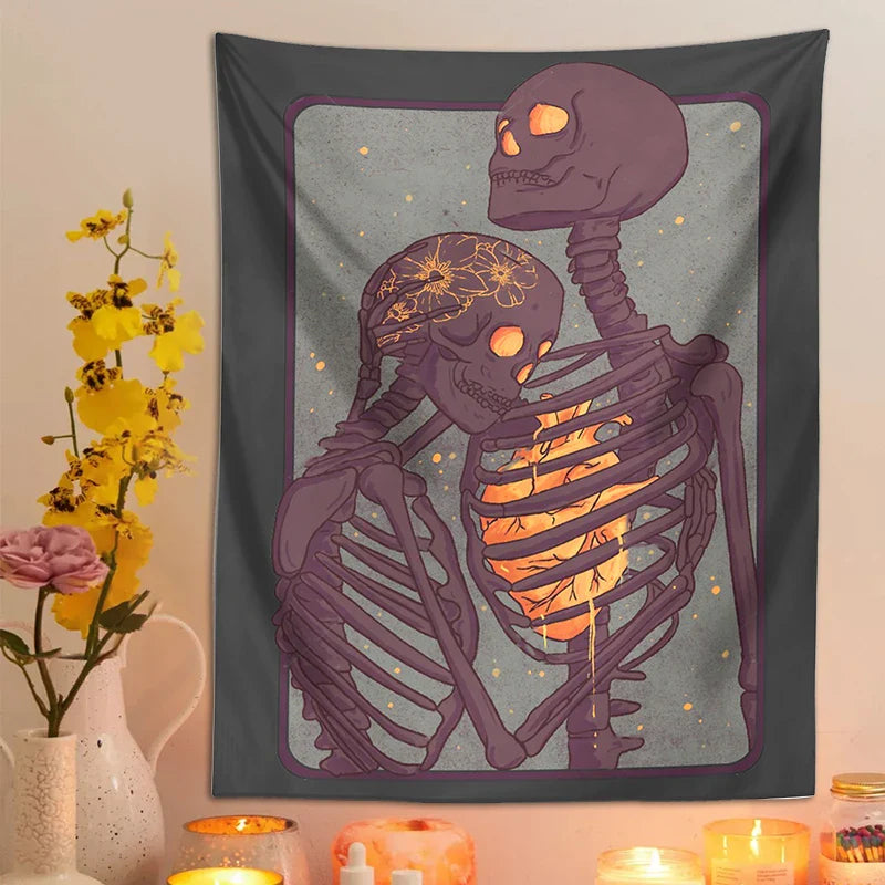 Afralia™ Skull Lover Heart Couple Psychedelic Tapestry Wall Hanging Bouquet Blanket