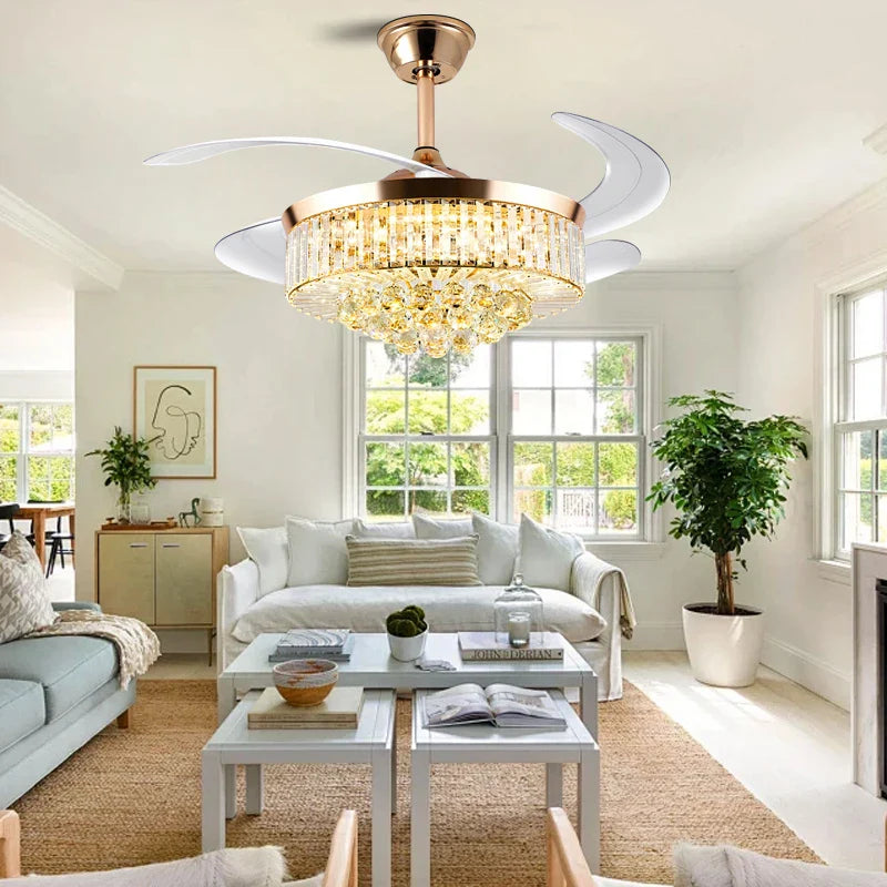 Afralia™ Crystal Ceiling Fan Light Remote Chandelier Bedroom Living Room