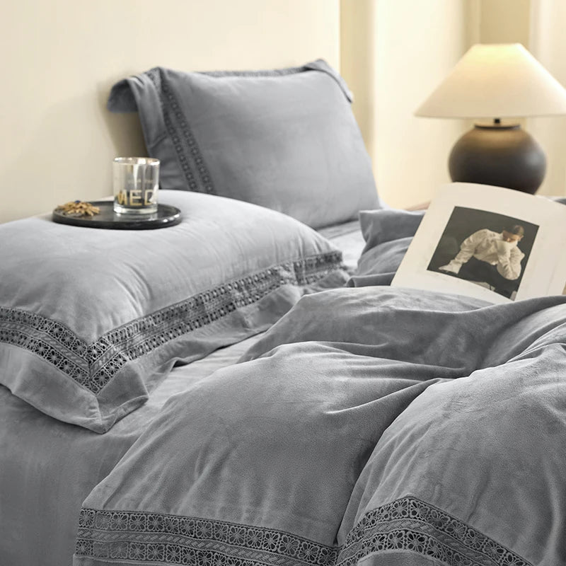 Afralia™ Cozy Velvet Lace Bedding Set: Duvet Cover, Sheet, Pillowcases - 4Pcs Warm & Stylish
