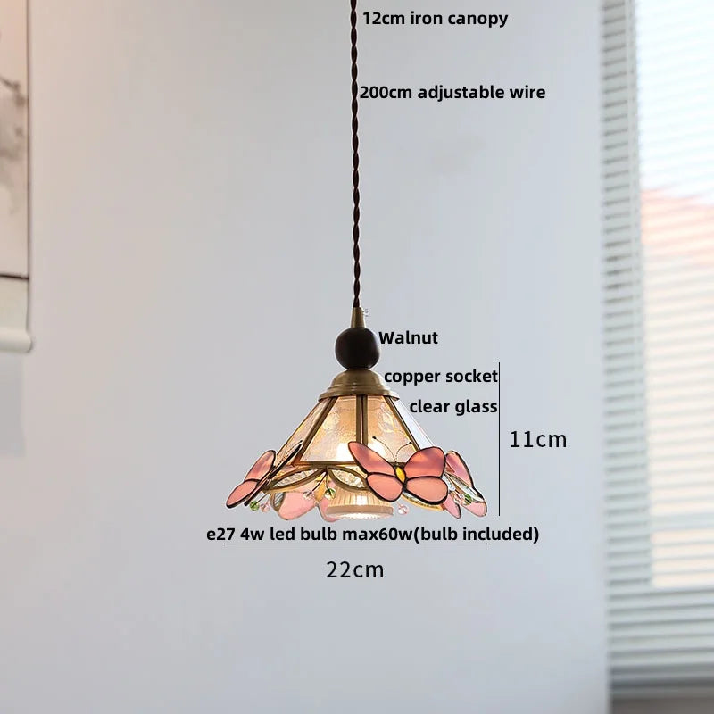 Afralia™ Tiffany Glass Wood LED Pendant Lamp Adjustable Hanging Light Fixture