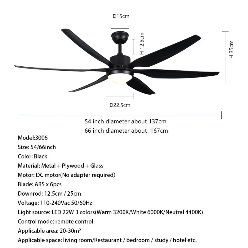 Afralia™ 66" Plastic Blade Ceiling Fan with LED Light and Remote Control