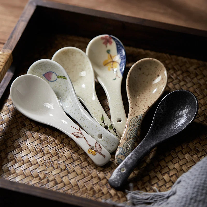 Afralia™ Ceramic Soup Spoon Set - Retro Style Ramen Rice Spoons for Home and Restaurant