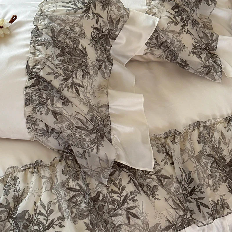 Afralia™ Luxe Lace Ruffles Wedding Bedding Set: Duvet Cover, Bed Sheet, 2 Pillowcases