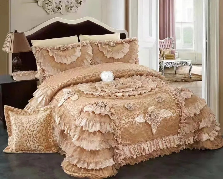 Afralia™ Luxe Champagne Jacquard Lace Bedspread Set with Pillowcases