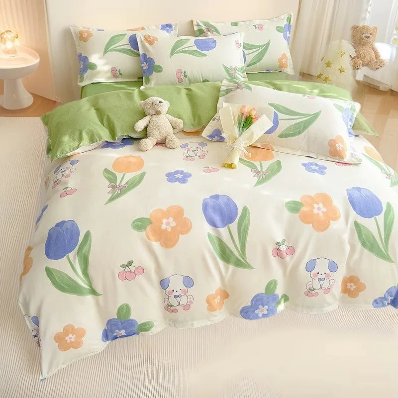 Afralia™ Cozy Flower Print Bedding Set: Brushed Cotton, Skin-Friendly, Soft, Thick, 4Pcs