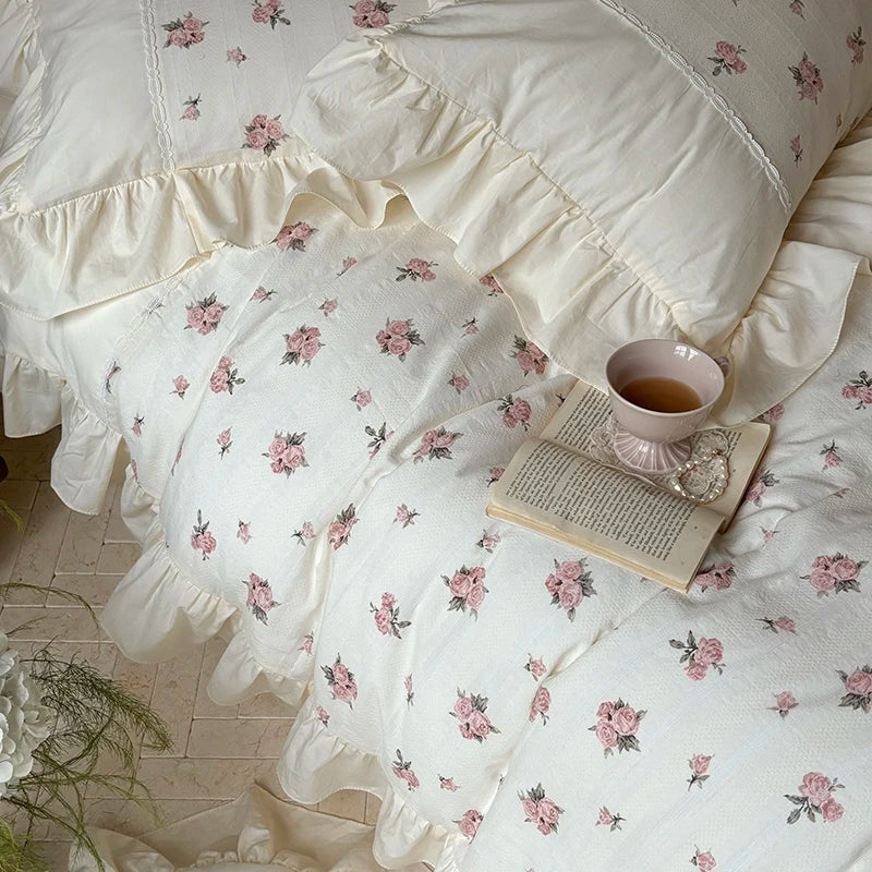 Afralia™ Vintage Floral Print Ruffled Bedding Set: Duvet Cover, Sheet, Pillowcases